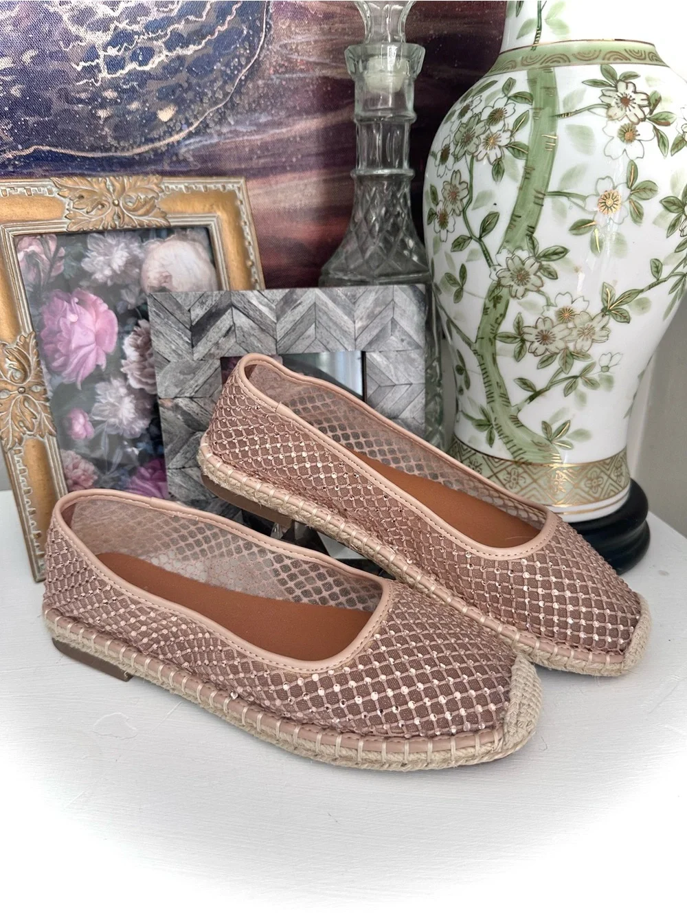 Charles By Charles David Tan Beige Blush Rose Gold Mesh Espadrille Flats SZ 7